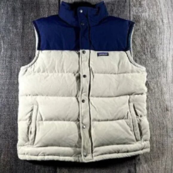 Patagonia Bivy Down Vest Mens Large Tan Blue Full Zip Puffer Sleeveless - Picture 1 of 12